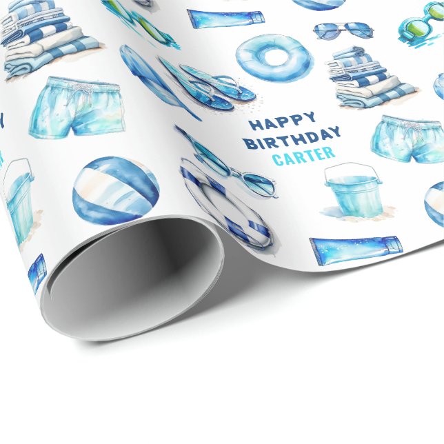 Papel De Regalo Cumpleaños de niños Cool Blue Summer (Esquina del rollo)