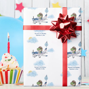 Papel De Regalo Cumpleaños de niños lindos azul viajar avión niños