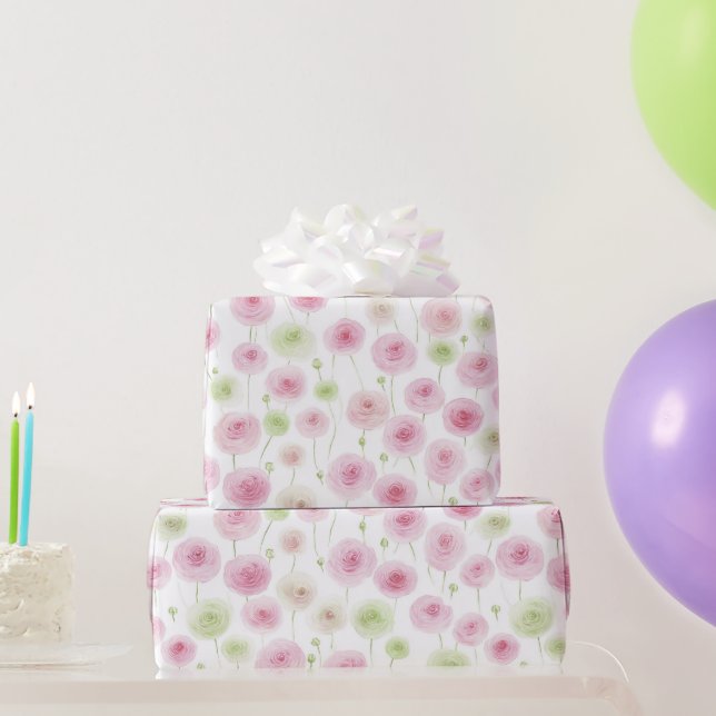 Papel De Regalo Cumpleaños de Ranunculus Floral Rosa Menta (Regalos de fiesta)