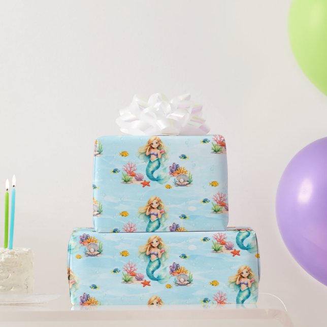 Papel De Regalo Cumpleaños de Sirena Acuarela (Regalos de fiesta)