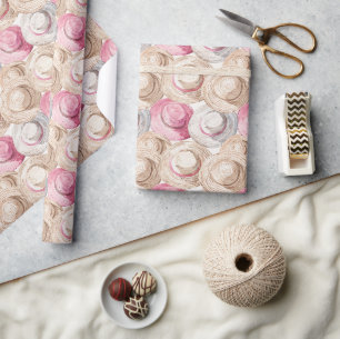 Papel De Regalo Cumpleaños de Sombreros de Paja Rosa Crema Blanco
