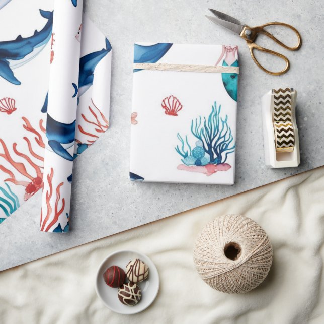 Papel De Regalo cumpleaños de tiburón de ballena de sirena (Artesanía)