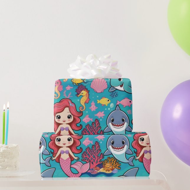 Papel De Regalo cumpleaños de tiburón de ballena de sirena (Regalos de fiesta)