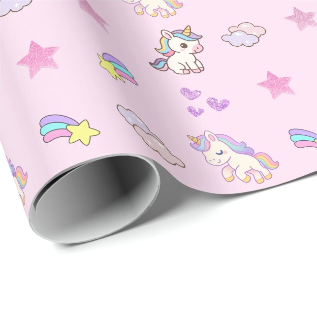 Papel De Regalo Cumpleaños de Unicornio Rosa Claro (Esquina del rollo)