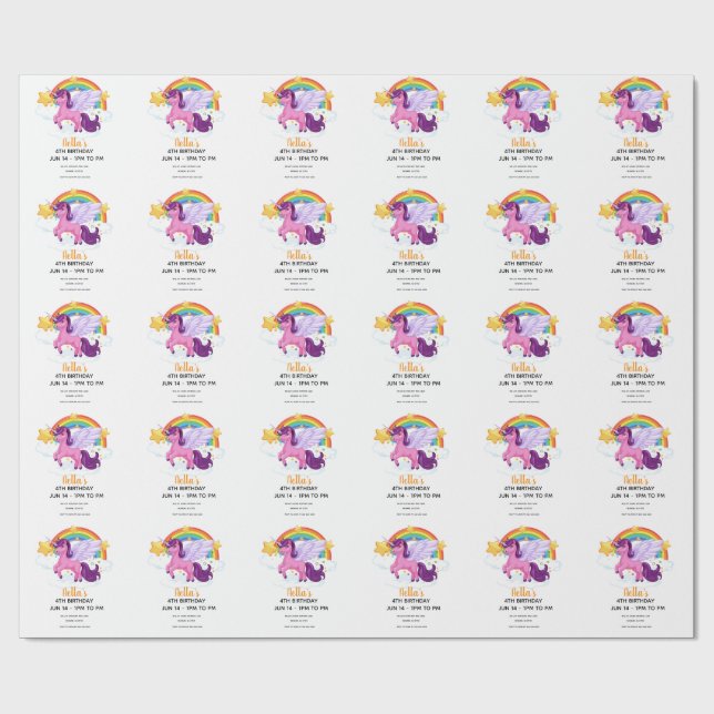 Papel De Regalo Cumpleaños de Unicornio y Arcoíris (Superficie plana)