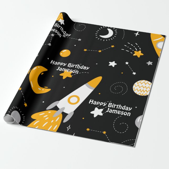 Papel De Regalo Cumpleaños del cohete espacial Stars Moon (Desenrollado)