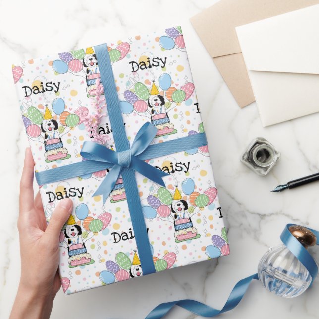 Papel De Regalo Cumpleaños del perro Sheepadoodle Blanco y Negro (Regalar)