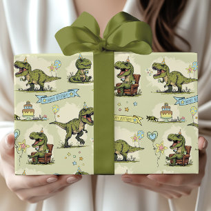 Papel De Regalo Cumpleaños divertido de niño con T Rex Dinosaurio 