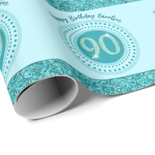 Papel De Regalo Cumpleaños elegante 90 turquesa brillo y rayas