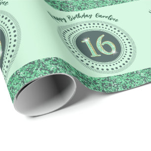 Papel De Regalo Cumpleaños elegante Sweet 16, brillo verde y rayas