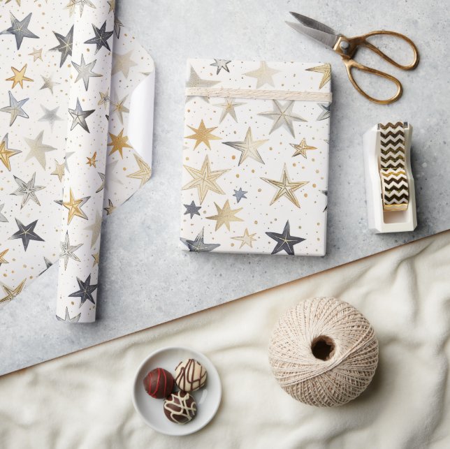 Papel De Regalo Cumpleaños Estrellas Azules Plata Oro (Artesanía)