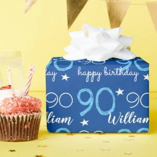 Papel De Regalo cumpleaños feliz 90 azul Personalizado