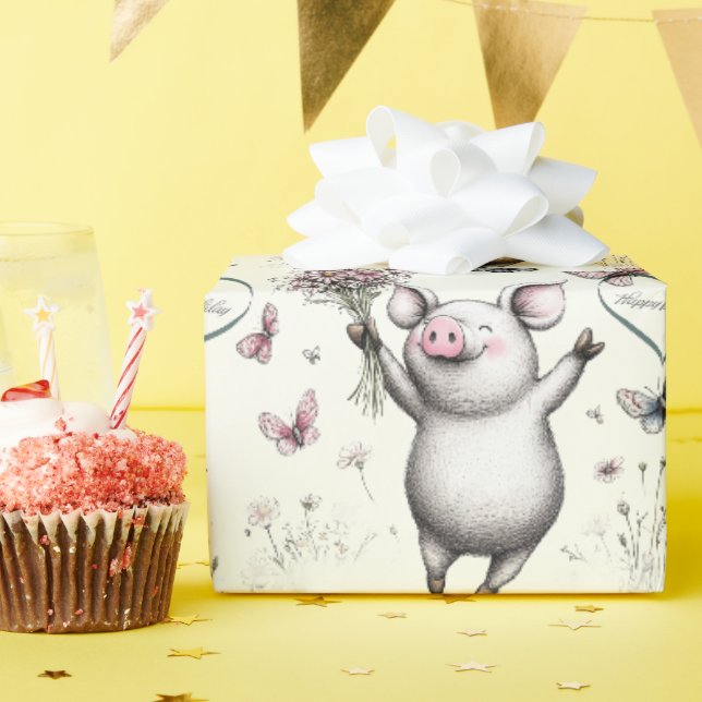 Papel De Regalo Cumpleaños Feliz Cerdito Corazón (Fiesta de cumpleaños )