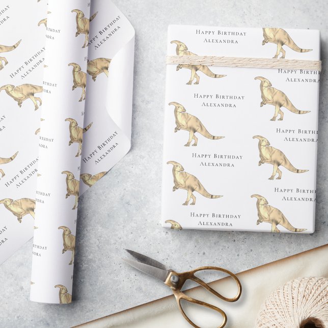 Papel De Regalo Cumpleaños Feliz Dinosaurio Personalizado (Cute dinosaur happy birthday personalized girl name wrapping paper Parasaurolophus Jurassic dino)
