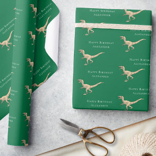Papel De Regalo Cumpleaños Feliz Dinosaurio Personalizado Verde