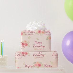 Papel De Regalo Cumpleaños Feliz Floral Acuarela Rosa Rosado