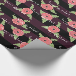 Papel De Regalo Cumpleaños Feliz Floral Coral Negro y Frambuesa