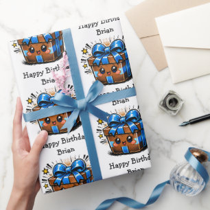 Papel De Regalo Cumpleaños Feliz Personalizado Marrón y Azul
