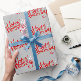 Papel De Regalo Cumpleaños Feliz Rojo sobre Gris