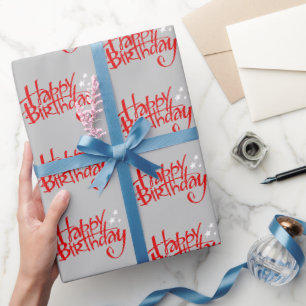 Papel De Regalo Cumpleaños Feliz Rojo sobre Gris