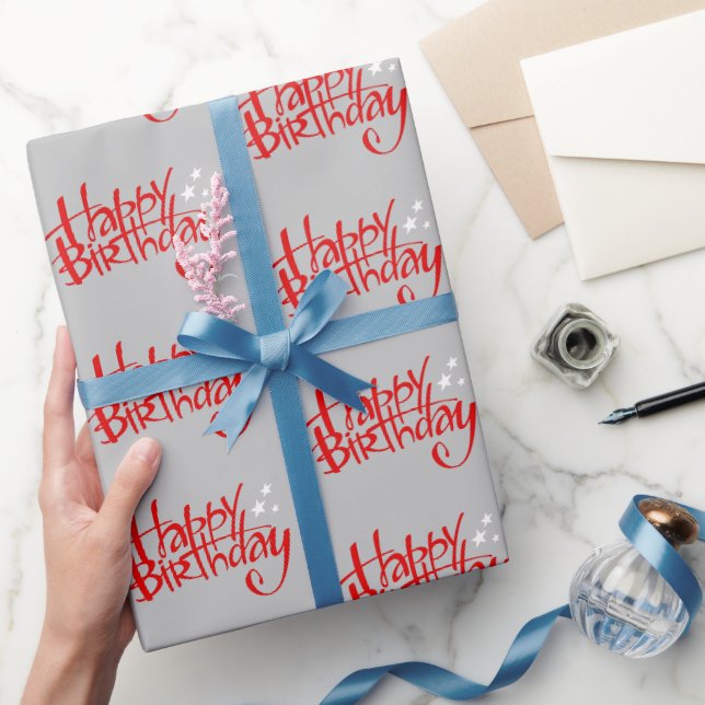 Papel De Regalo Cumpleaños Feliz Rojo sobre Gris (Regalar)
