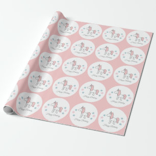 Papel De Regalo Cumpleaños Feliz Unicornio Personalizado Rosa