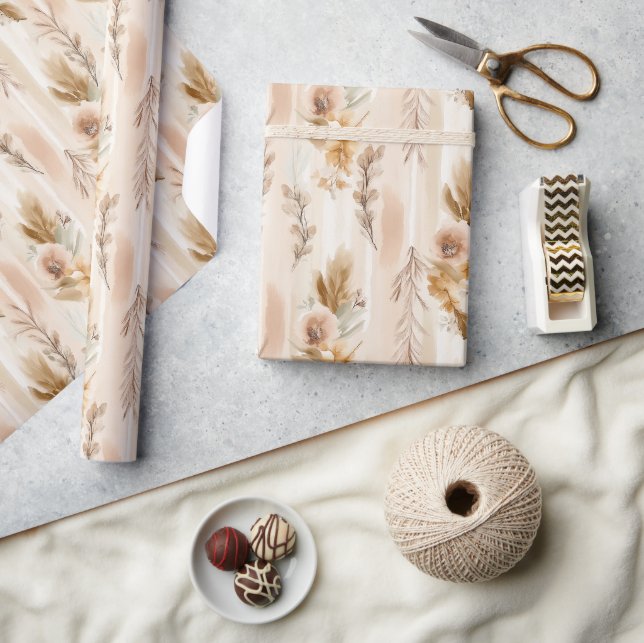 Papel De Regalo Cumpleaños Floral Boho Crema Rústica (Artesanía)
