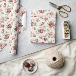 Papel De Regalo Cumpleaños Floral Crema Rojo Pretty Chic