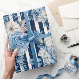 Papel De Regalo Cumpleaños Floral de franjas azules blancas