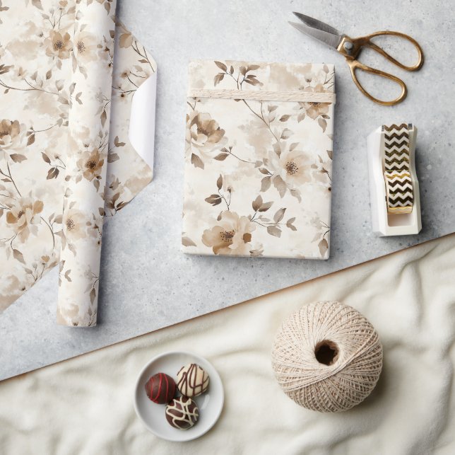 Papel De Regalo Cumpleaños Flores Marrones Crema (Artesanía)