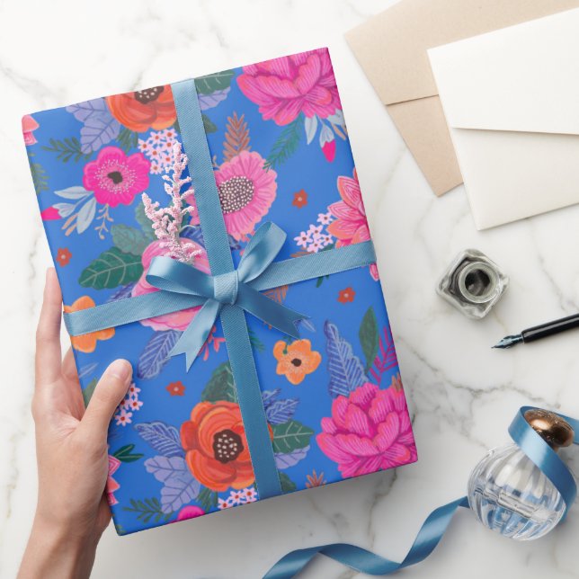 Papel De Regalo Cumpleaños Flores Silvestres Brillantes Rosa Azul (Regalar)