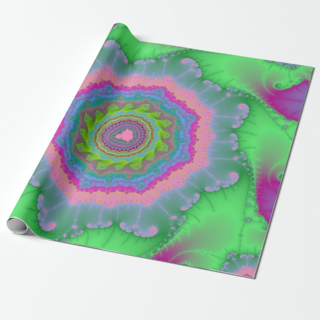 Papel De Regalo Cumpleaños fractal verde y melocotón (Desenrollado)