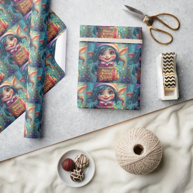 Papel De Regalo Cumpleaños Gnome - Feliz cumpleaños hermana (Artesanía)