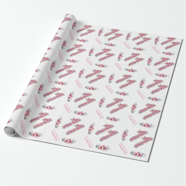 Papel De Regalo Cumpleaños Gran 11 Chica Flores Rosa Foliage Verde (Desenrollado)