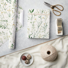 Papel De Regalo Cumpleaños Hojas Verdes Flores Blancas