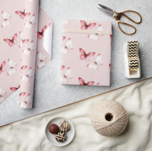 Papel De Regalo Cumpleaños Mariposas Rojas Blancas (Artesanía)
