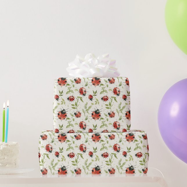 Papel De Regalo Cumpleaños Mariquitas Hojas Verdes Rojas (Regalos de fiesta)