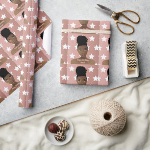 Papel De Regalo Cumpleaños! Mujer negra, estrellas blancas, rosa