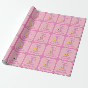 Papel De Regalo Cumpleaños niña, Estrella Amarilla Rosa con Nombre