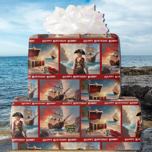 Papel De Regalo Cumpleaños Niño Tesoro Pirata Personalizar Nombre