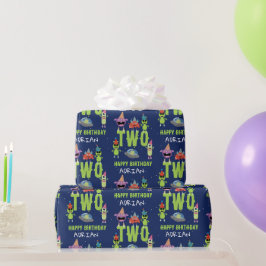 Papel De Regalo Cumpleaños Nombre Edad Monstruo Alien Espacio Lind