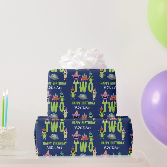 Papel De Regalo Cumpleaños Nombre Edad Monstruo Alien Espacio Lind (Regalos de fiesta)