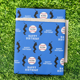 Papel De Regalo Cumpleaños Nombre Niños Jugador Pelota Béisbol Azu