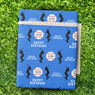 Papel De Regalo Cumpleaños Nombre Niños Jugador Pelota Béisbol Azu