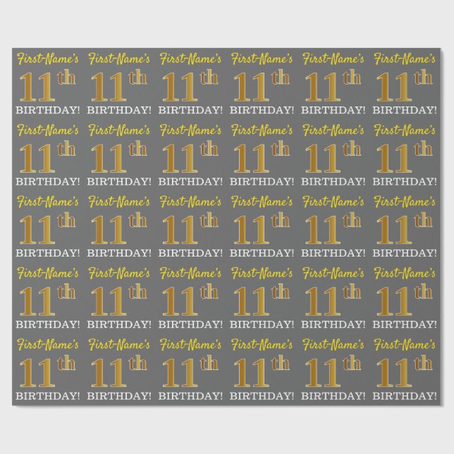 Papel De Regalo Cumpleaños número 11 "Gray, Imitación de Oro" (Superficie plana)