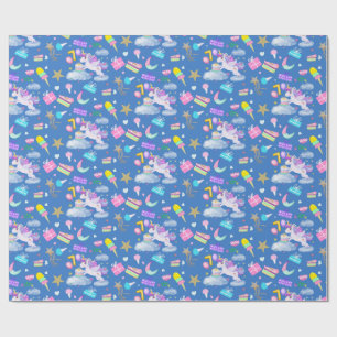 Papel De Regalo Cumpleaños número 7 Patrón de Unicornio Azul