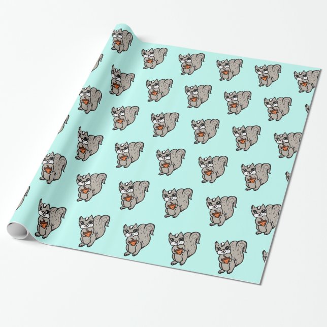 Papel De Regalo Cumpleaños o Baby Shower de ardillas verde azulada (Desenrollado)