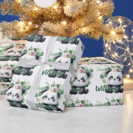 Papel De Regalo Cumpleaños Patrón Verde Acuarela Panda Adorable