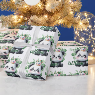 Papel De Regalo Cumpleaños Patrón Verde Acuarela Panda Adorable