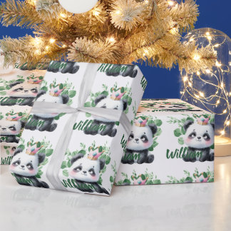 Papel De Regalo Cumpleaños Patrón Verde Acuarela Panda Adorable